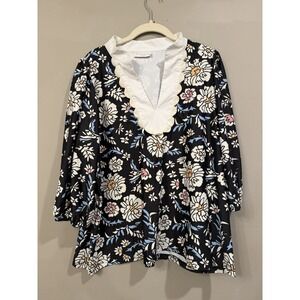 Smith And Quinn Black Floral Scalloped Blouse Large Flowy UPF 50